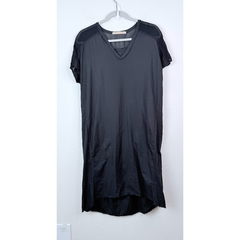 XCVI Wearables Linen Blend Dress Sz S Black V-Neck Sheer Panel Raw Hem Lagenlook